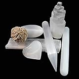 Beverly Oaks Energy-Infused 7 pcs White Selenite Crystal Complete Set & Healing Kit: 1 Selenite Tower, Palm Stone-1 Oval 1 Heart, 3 Wands-Blunt Pointed and Raw, and 1 Desert Rose