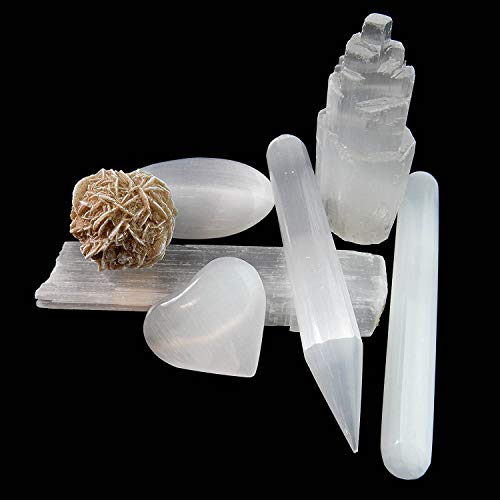 7 pcs Selenite Sampler Set / Healing Kit: 1 Selenite Tower, Palm Stone-1 Oval 1 Heart, 3 Wands-Blunt Pointed and Raw,and 1 Desert Rose with a Certificate of Authenticity