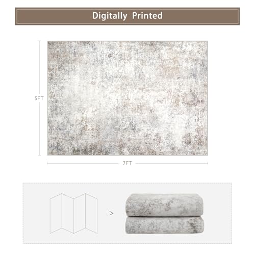Washable Rugs 5x7 Area Rugs for Living Room,Modern Abstract Rugs for Bedroom,Large Carpets,Ultra Soft Faux Wool Retro Dining Room Rug,Non Slip&Non-Shedding Low Pile Print Rug- Beige Grey