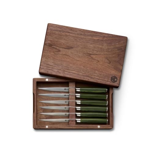Image of HexClad 6 Piece Damascus Stainless Steel Blade Green Steak Knife Set with Walnut Storage Box, Full Tang Construction, Pakkawood Handles