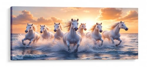Image of 7 Horse Vastu Sunrise Canvas Painting | Positive Energy Wall Decor | Big Size Premium Running Horses Artwork for Home, Office & Hall Decoration (Modern, Water Pink Horse, 44x20 Inch)