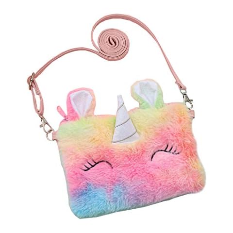 xperry Little Girls Unicorn Tie Dye Fuzzy Plush Crossbody Shoulder Purse Rainbow Faux Fur Handbag Women Wallet Gift Bag Cover