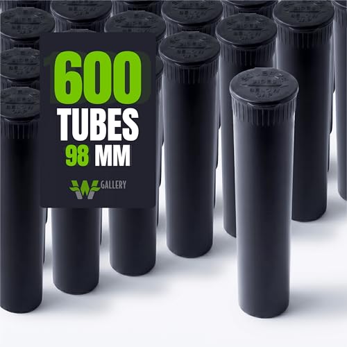 W Gallery 600 Black 98mm OPEN CAP Pop Top Tubes - Airtight Smell Proof Containers - Plastic Medical Grade Prescription Bottles for Pills Herbs Flowers Supplements, Bulk Pack, Not Glass Jars