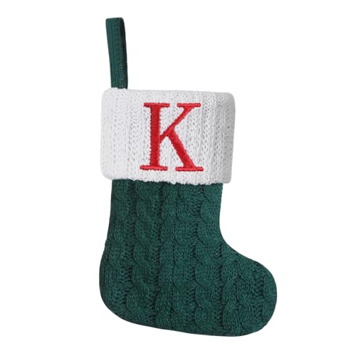 Pxniy Green Knitted Mini Christmas Stockings 8 inch, Embroidered Initials