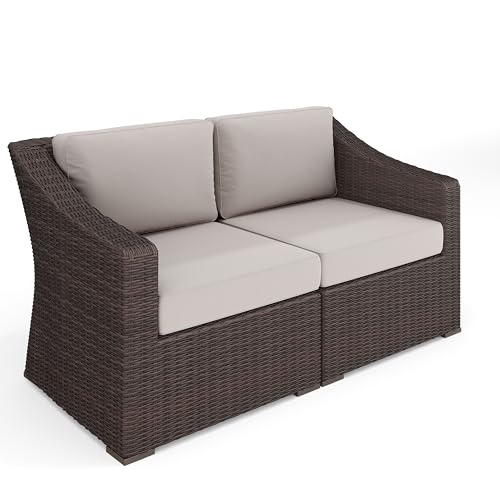 Martha Stewart Bedford Indoor-Outdoor Modular Patio Loveseat with Rattan Wicker Finish in Brown with Tan All-Weather Cushions