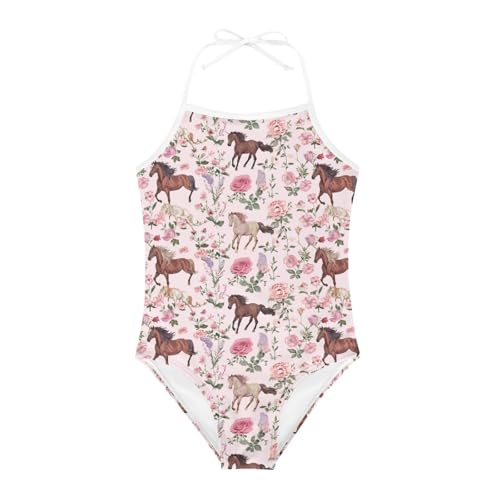 Image of KiuLoam Orange Pink Tropical Leaf Girls One Piece Swimsuit Quick Dry Beach Swim Bathing Suit for 3-8 Years Little Girls