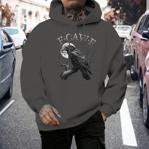 Mens Hoodies Pullover | Raven Printed Long Sleeve Casual Hoodies,Loose Fall Sweater Holiday Top Daily Wear2
