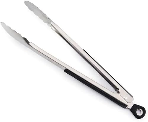 Stainless Steel Kitchen Tongs with Non-Slip Handle | Scalloped Gripping Tips, Locking Mechanism, Hanging Loop, Grilling & Cooking, Black Rubber Grip