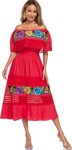 Image of YZXDORWJ Women Embroidered Mexican Peasant Casual Sexy Lace Off-Shoulder Long Dress