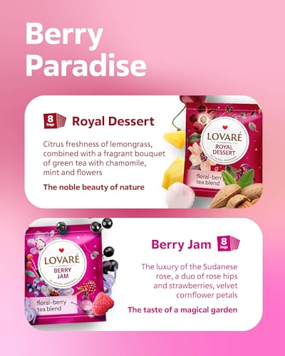 LOVARE Flower Assorted Tea Variety Pack 32 Pack, 4 Tastes - Made in Ukraine - Tea Bags Individually Wrapped - Royal Dessert, Alpine Herbs, Berry Jam, Rooibos Raspberry Assorted Tea Bags