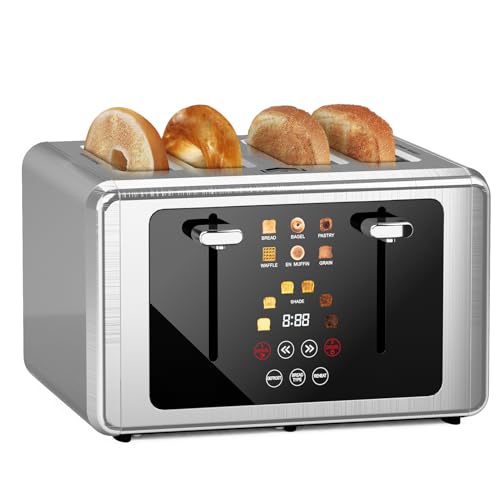 WUNLY 4 Slice Toaster, Touchscreen & Dual Independent Control Panel，5 Basic Functions & Digital Countdown Toasters, 6 Shade Settings＆6 Bread Types