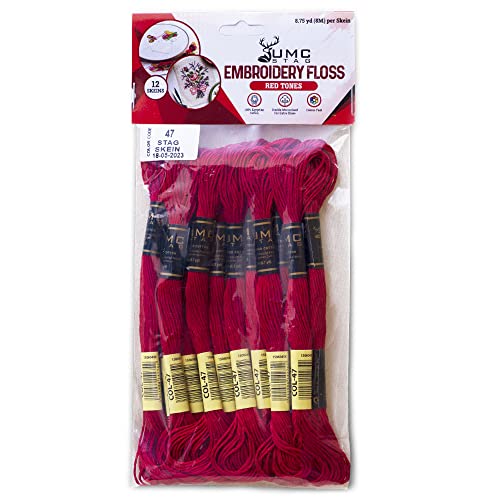 Image of Pack of 12 Premium Embroidery Thread | 100% Egyptian Cotton Premium Skeins | Cross Stitch Embroidery Floss | Oeko TEX Certified Stranded Cotton | Ideal for Arts & Crafts (Red 47)