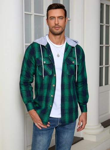 Puwasa Men's Flannel Plaid Shirt Hooded Long Sleeve Cotton Lightweight Fit Button Down Flannel Shirt with Hood Green Medium - Image 3