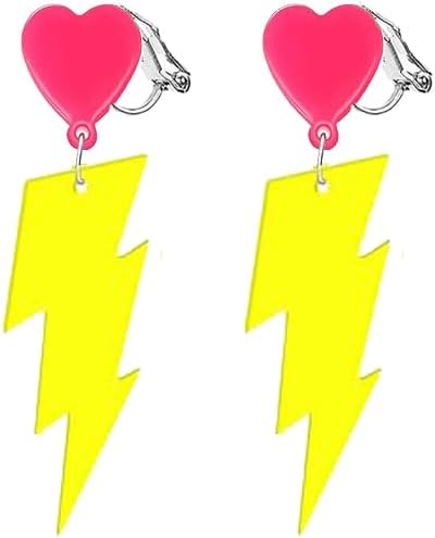 Aretes de neón de los años 80 con clip de rayo de Halloween punk retro para mujer, accesorios de fiesta de los años 80