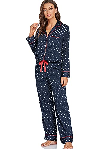 Image of Serenedelicacy Women's Satin Pajama Set Long Sleeve Button Down Sleepwear 2-Piece Silky Pj Set