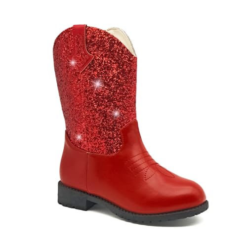 prechentty Sparkly Girls Cowgirl Boots Unisex Kid Mid Calf Glitter Little Cowboy Boot Child Western Riding Shoes Birthday Party Dress Up Red(Size 3)