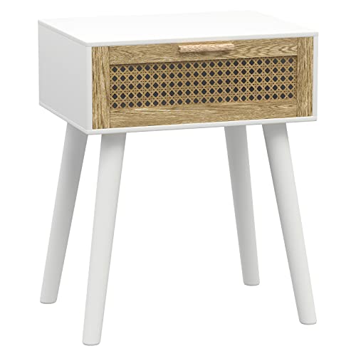Visionwards Rattan Side Table With Storage, Cane Boho Mid Century Nightstand With Drawer, Wood Small Side Table For Small Space, Living Room And Bedroom, Easy Assembly (White) #TOP6