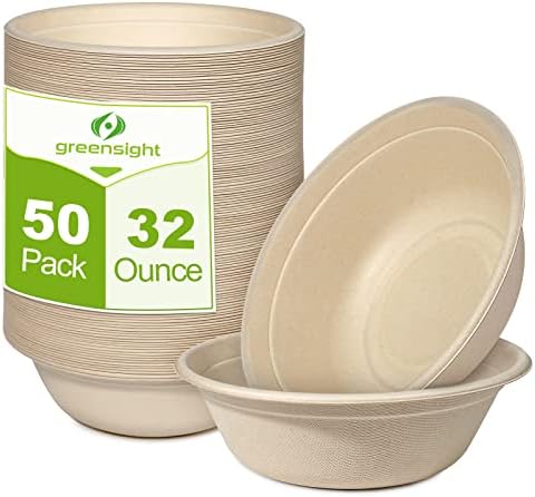 Large Disposable Paper Bowls 32oz, Heavy Duty Bowls 50 Pack, Compostable Paper Bowls For Hot And Cold Food, Biodegradable Bowls Made Of Sugarcane