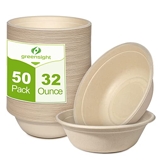 Large Disposable Paper Bowls 32Oz, Heavy Duty Bowls 50 Pack, Compostable Paper Bowls For Hot And Cold Food, Biodegradable Bowls Made Of Sugarcane #TOP2