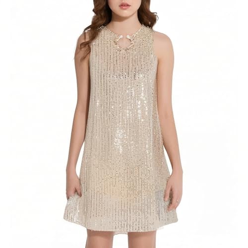 Momkonzz Vestido de lentejuelas para niñas adolescentes y niñas, vestido de fiesta brillante, sin mangas, vestido formal para desfiles, 6-14 años, champán, 7-8 años