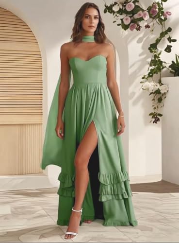 Floral Chiffon Bridesmaid Dresses for Women Ruffle Prom Dress with Scarf A Line Long Formal Evening Party Gowns with Slit2