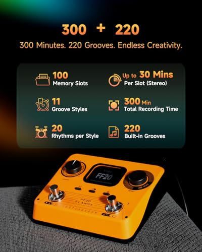 Image of FLAMMA FF20 Looper Pedal Drum Machine, Drum Looper Guitar Pedal with Screen, 300 Min Recording, 220 Drum Grooves, 100 Loop Slots, Time Stretch, Auto Record, USB & Headphone Out, for Guitar and Bass