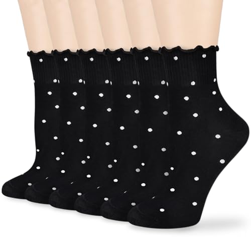 Image of Mcool Mary Women's Ruffle Socks,Casual Ankle Breathable Knit Cotton Cute Polka Dot Crew Frilly Sock 6 Pack