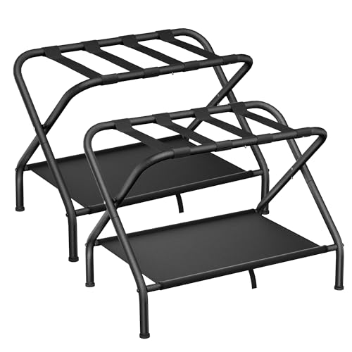 Jsluiiys 2 Pack Luggage Rack, Folding Suitcase Stand, Metal Luggage Holder, Heavy-Duty Luggage Stand with Storage Shelf, Luggage Racks for Guest Room, Bedroom, Hotel Space Storage Rack, Black