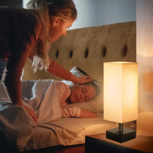 Image of DEGNJU Small Bedside Lamp, Mini Minimalist Table Lamp with Square Flaxen Fabric Shade, 11 Inch Desk Reading Lamp for Bedroom, Living Room, Office, 2 Pack
