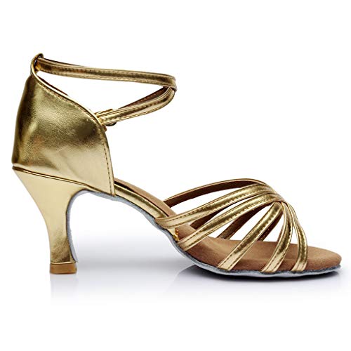 Women Low Heel Sandals Ballroom Latin Dancing Shoes Ankle Strap Open Toe Sandals (Gold, 4.5)4