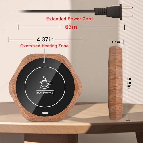 Image of Coffee Mug Warmer for Desk - Wooden Auto Shut Off Drink Warmer for Milk Tea Water Cocoa - Smart Beverage Heating Candle Wax Plate - Hexagonal
