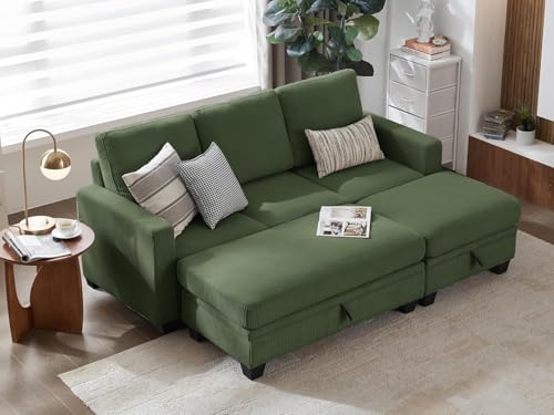 Image of CHIC HOUSE Modular Daybed Sectional, Extra Deep Movie Pit Couch with Storage Ottomans, Corduroy Sleeper Sofa Alternative for Small Spaces, (Green, 6 Seater Sleeper)