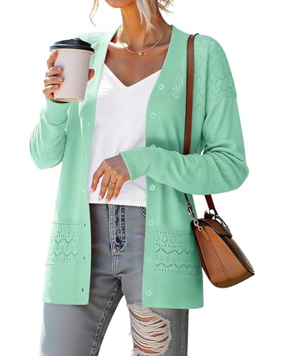 Yommay Cárdigan para mujer elegante suelto casual ligero cuello en V mujeres otoño manga larga suéter clásico cárdigan, verde claro, S Yommay Cárdigan para mujer elegante suelto casual ligero cuello en V mujeres otoño manga larga suéter clásico cárdigan, verde claro, S