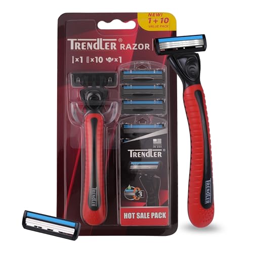 Image of Razor for Men with 3 Blade Cartridge | 1 Razor Handle + 10 Replacement Cartridges | Anti-Slip Grip Smooth Shaving Razor | Grooming Razor Value Pack