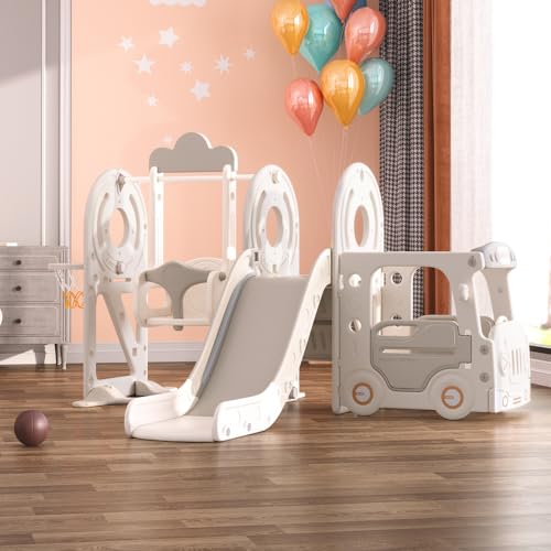 FUKEA Kids Bus Slide, Large Swing and Slide Set with Climbing Frame Basketball Hoop for Toddlers Age 1-3, Baby Swing Slide Indoor Outdoor Use, Garden Slides(Beige Grey with Swing)