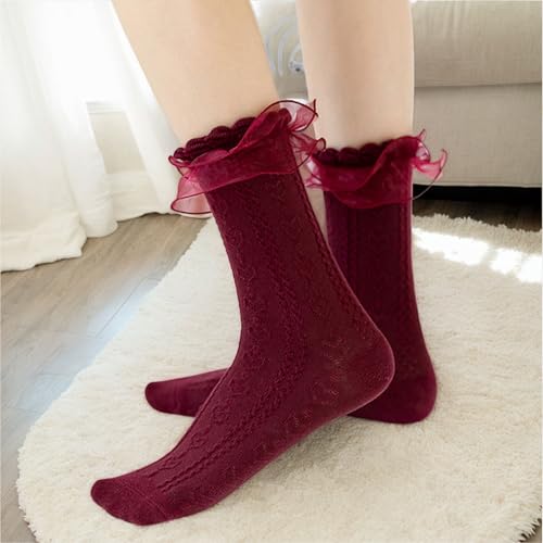 Image of Women's Lace Ruffle Frilly Socks Comfortable and Warm Cotton Socks for Women Girls