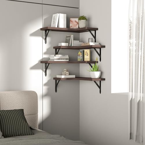 Image of ROMGUAR CRAFT Corner Floating Shelves Wall Mounted Set of 4, Rustic Wood Storage Display Shelves for Home Decor, Bathroom, Kitchen, Bedroom, Living Room, Office (Brown)