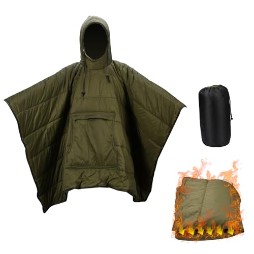 Blueshyhall Outdoor Camping Blanket, 79'' x 54'' Winter Poncho Coat Warmth Small Quilt Blanket Water-resisitant Sleeping Bag Cloak Cape with Hat for Adult, Green