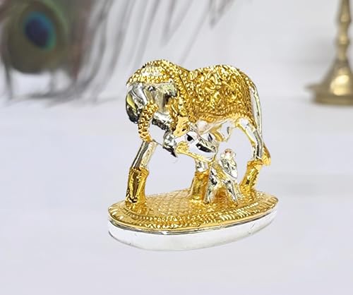 Om Kamdhenu cow con ternero dorado y plateado 2.2 pulg miniatura 6