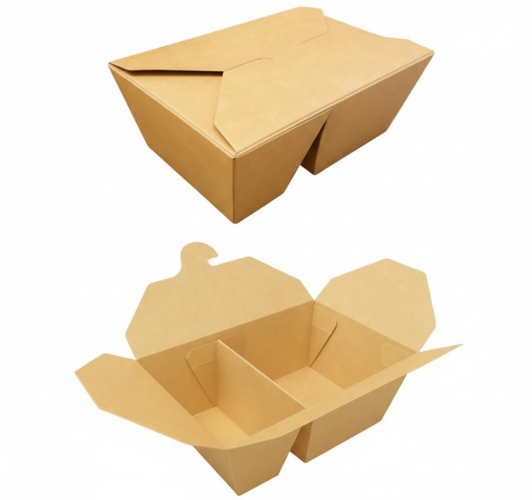 Hot Bargains Brown 50 X 1200Ml 2-Compartment Kraft Takeaway Food Boxes Leak-Proof Cardboard Snack Containers Biodegradable Disposable Food Containers (50, 1200Ml)