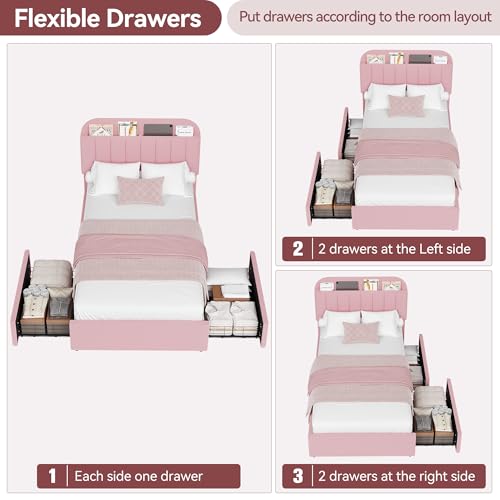 GarveeHome Twin XL Bed Frame with Storage Headboard, Girls Bed Frame with 2 Drawers, Boucle Upholstered Platform Bed with Bookcase, No Box Spring Needed, Easy Assembly, Pink