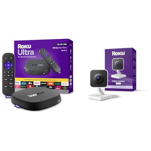 Image of Roku Ultra - Ultimate Streaming Player - Rechargeable Voice Remote Pro with Backlit Buttons + Roku New Indoor Camera - Home Security - 1-Pack - Wired Security Camera with 1080p HD