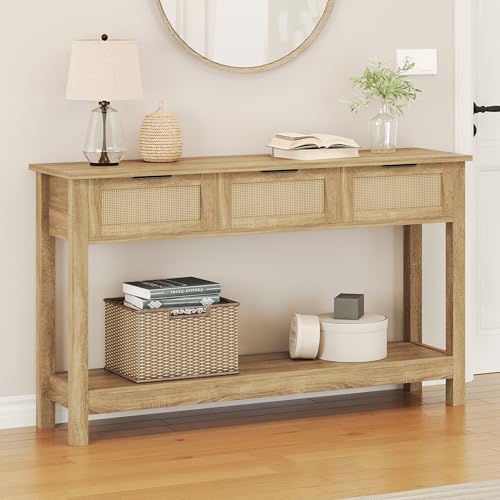Image of Luoxiao Console Table Narrow Wood Rattan Hallway Table with 3 Drawers Entrance Table with Open Shelf Narrow Sofa Table for Living Room Boho Console Table for Hallway Foyer Entrance 120 x 30 x 80 cm