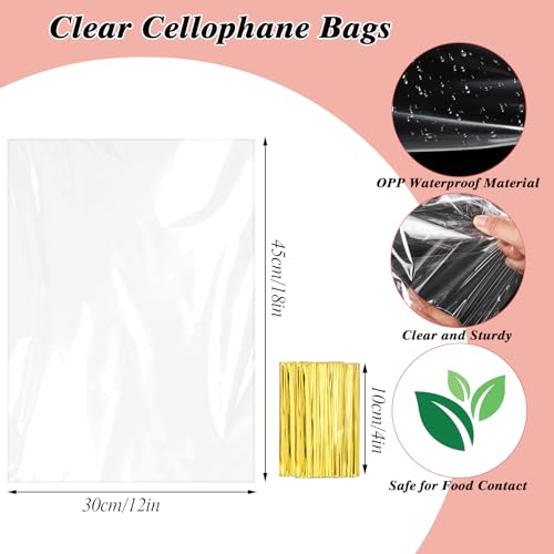 Image of woric 60PCS Cellophane Gift Bags 12x18 Inch Clear Treat Bags | with Twist Ties Cellophane Wrap for Cookie Bakery Candy Small Gift Basket Party Favor Baby Shower Birthday Fall Teacher Gifts