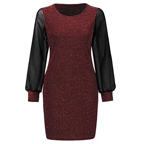 Vestidos de gola redonda para meninas adolescentes, manga comprida, midi casual, lantejoulas, malha,