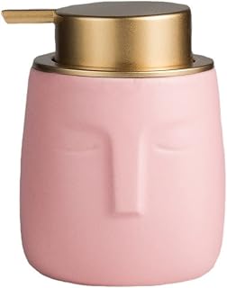 Unique Modern Soap Dispenser, Face-Shaped Ceramic Bottle with Rust Proof Gold Matte Pump, Decorative Lotion Dispenser for Bathroom or Kitchen (Pink)