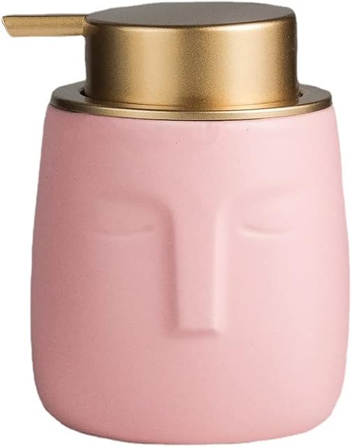 Unique Modern Soap Dispenser, Face-Shaped Ceramic Bottle with Rust Proof Gold Matte Pump, Decorative Lotion Dispenser for Bathroom or Kitchen (Pink)