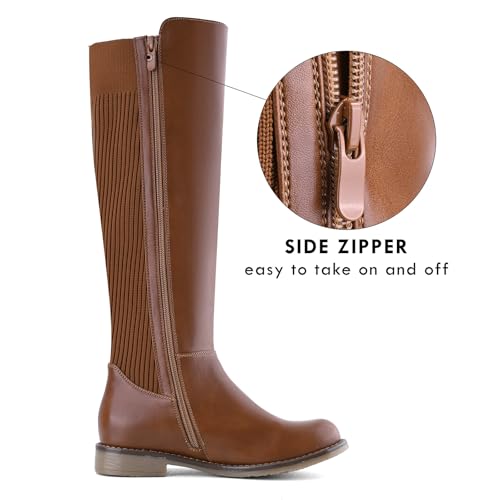 Image of Shoe'N Tale Women's Knee High Boots Flat Low Heel Stretchy Round Toe with Side Zipper