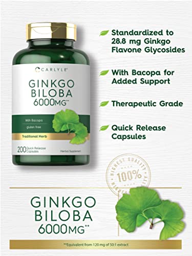 Carlyle CL2735 Ginkgo Biloba Pills | 6000Mg | 200 Capsules | Maximum Strength | Non-Gmo, Gluten Free Supplement thumb #2