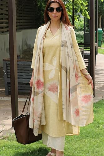 Image of GoSriKi Women Cotton Blend Straight Fit Printed Kurta Pant Dupatta Set | V Neck Three Quarter Sleeve Ensemble | Soft Breathable Fabric | Comfortable Elegant Styling for Office Casual Wear